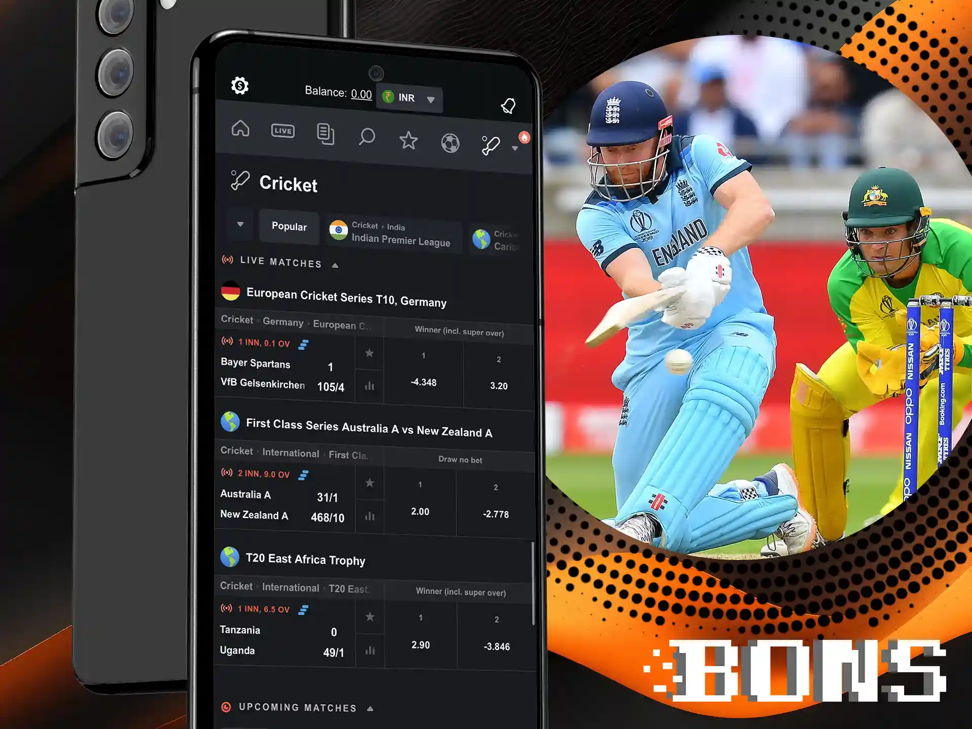 Place your bets at BONS on cricket and dozens of competitions.