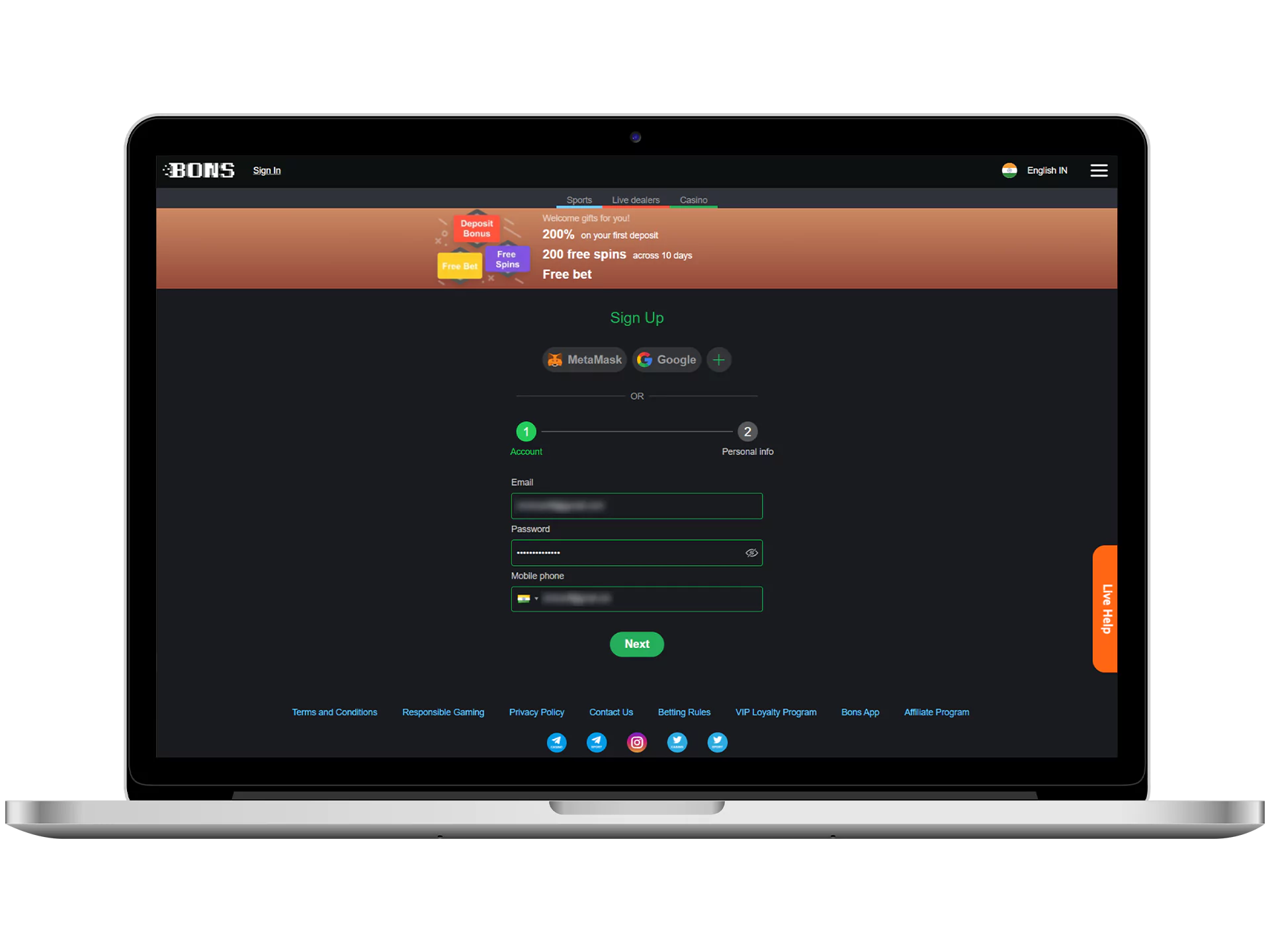 Open the official Bons website and click on the button to sign up.