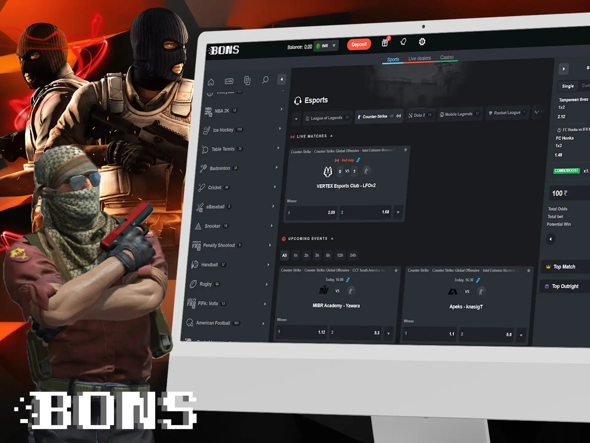 Bet on the popular Counter-Strike game on the official website and the Bons mobile app.