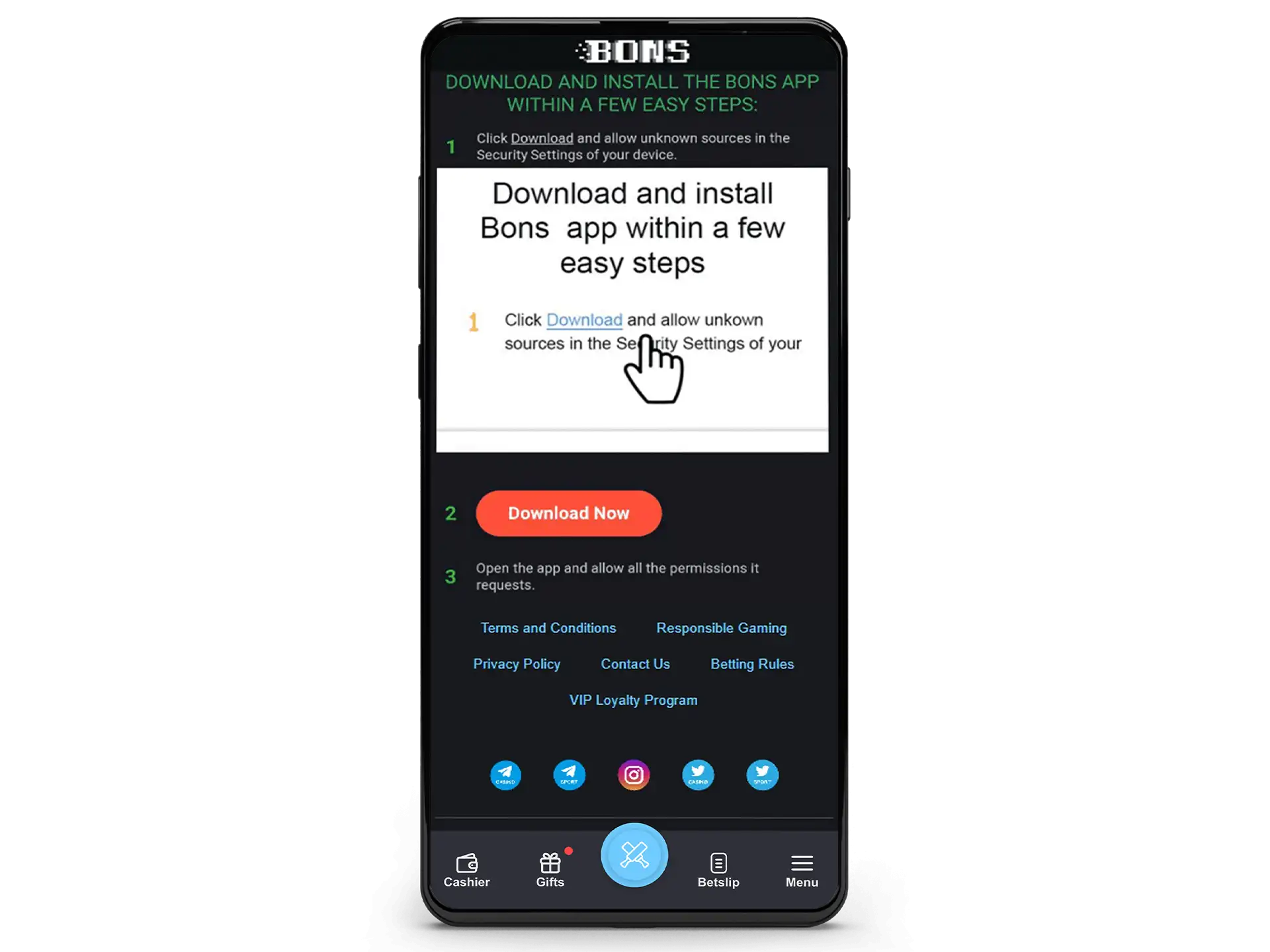 Go to the BONS website from your browser and download the APK file.
