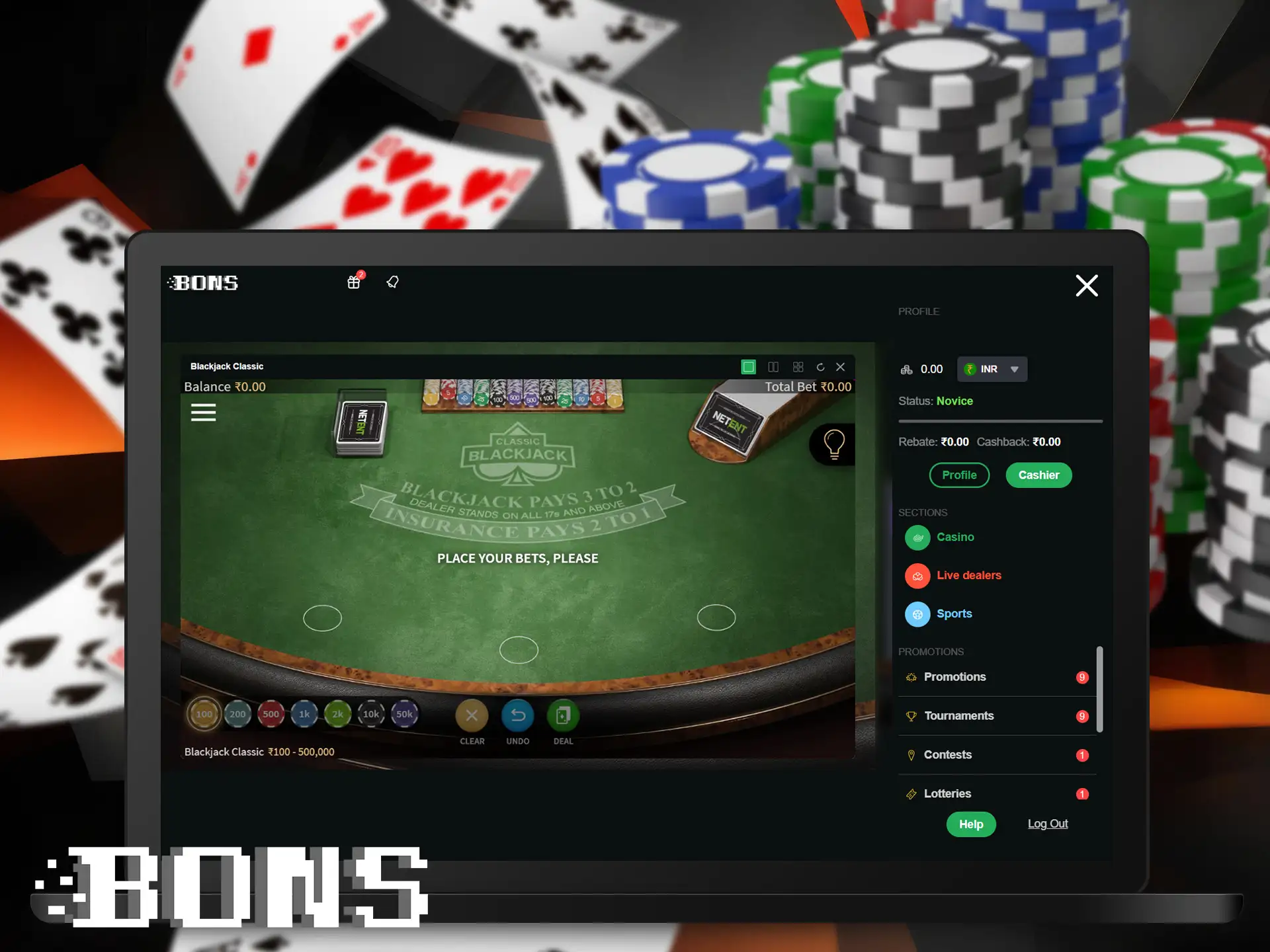 Score more points than the dealer and win an intellectual card game at BONS casino.