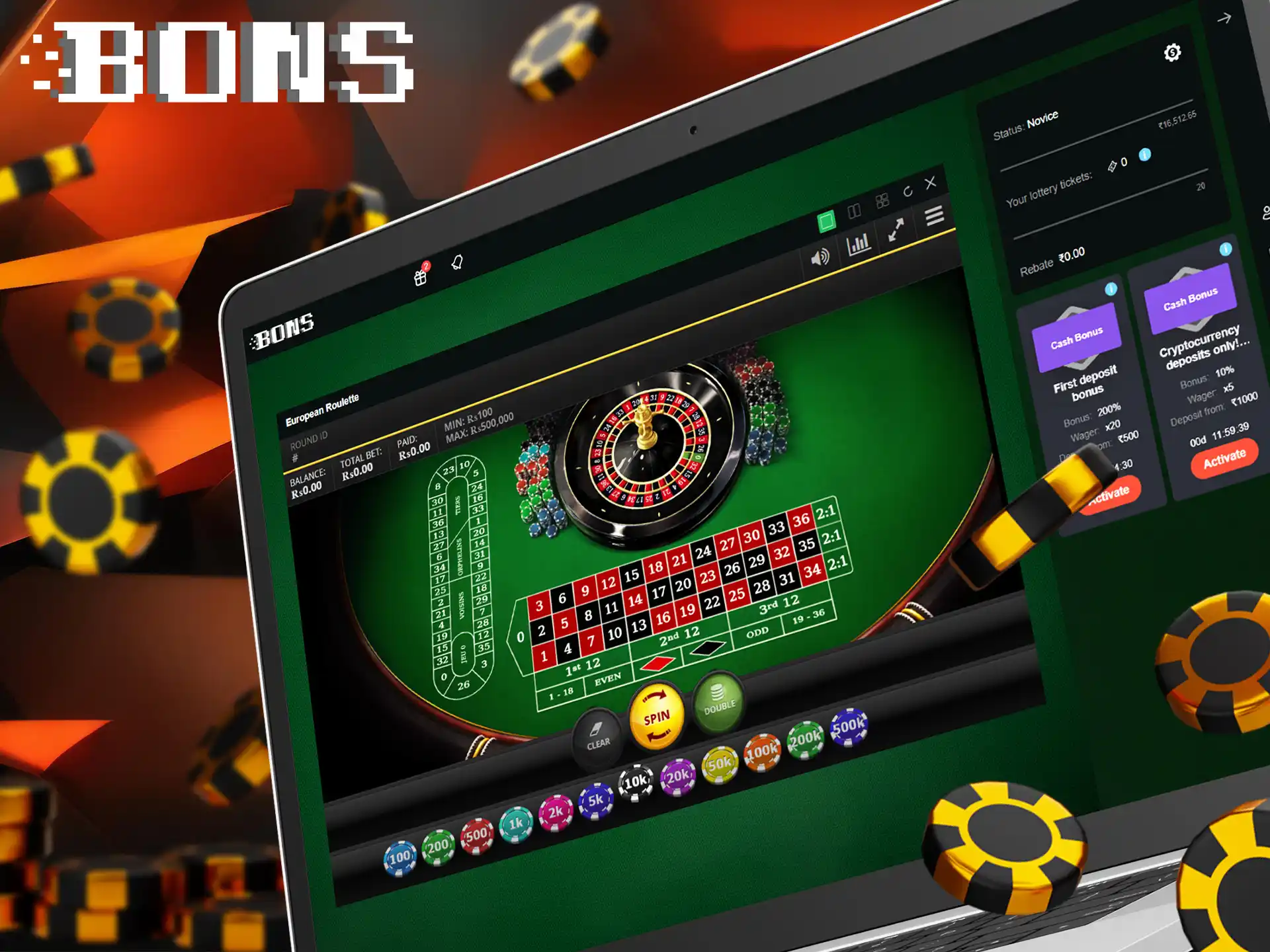 Bet on the results of your roulette wheel spins and win large sums of money with BONS Casino.