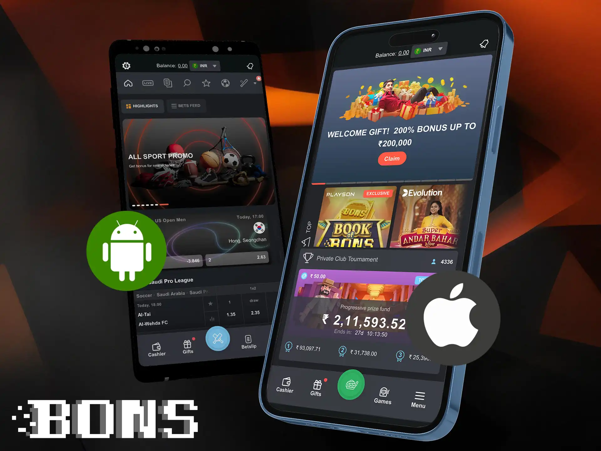 Place your bets and play casino games without limits in the convenient BONS mobile app.