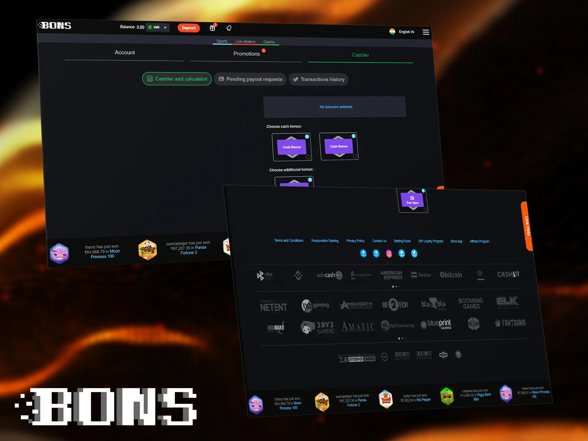 Fast withdrawal of funds and a wide range of payment systems on the BONS website.