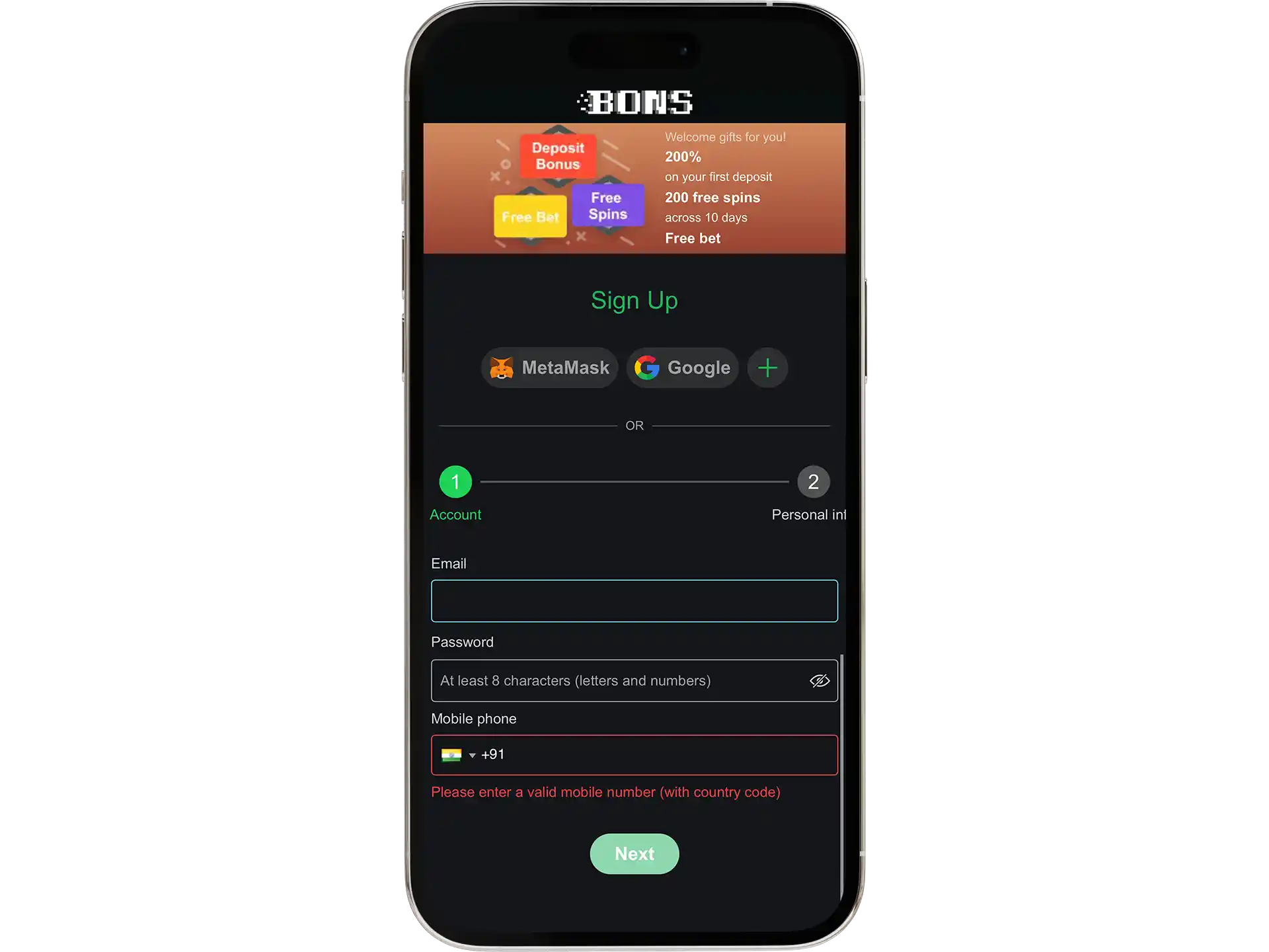 Create your own Bons account by going through the Bons registration process.