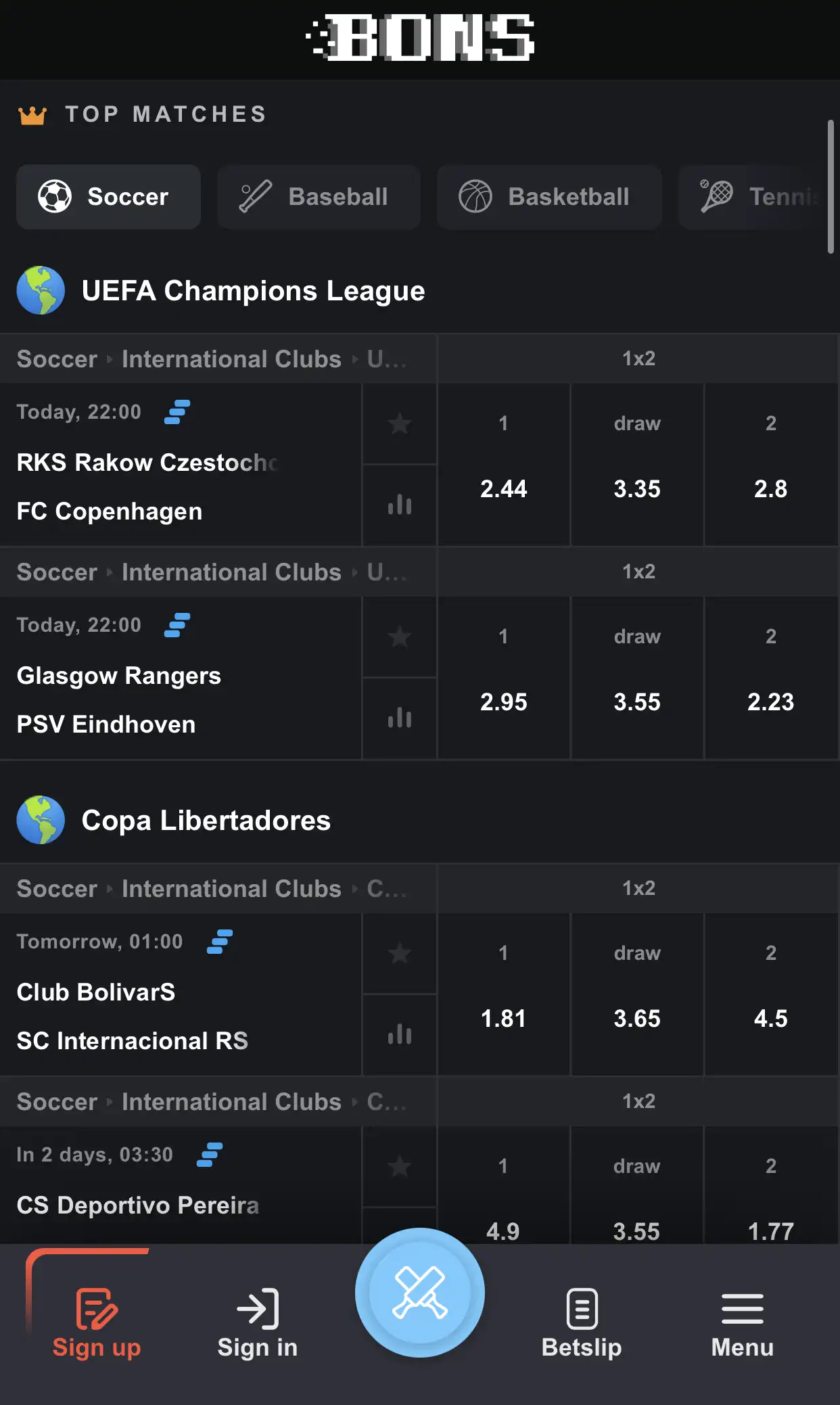 Bet on your favorite sport on the BONS app.