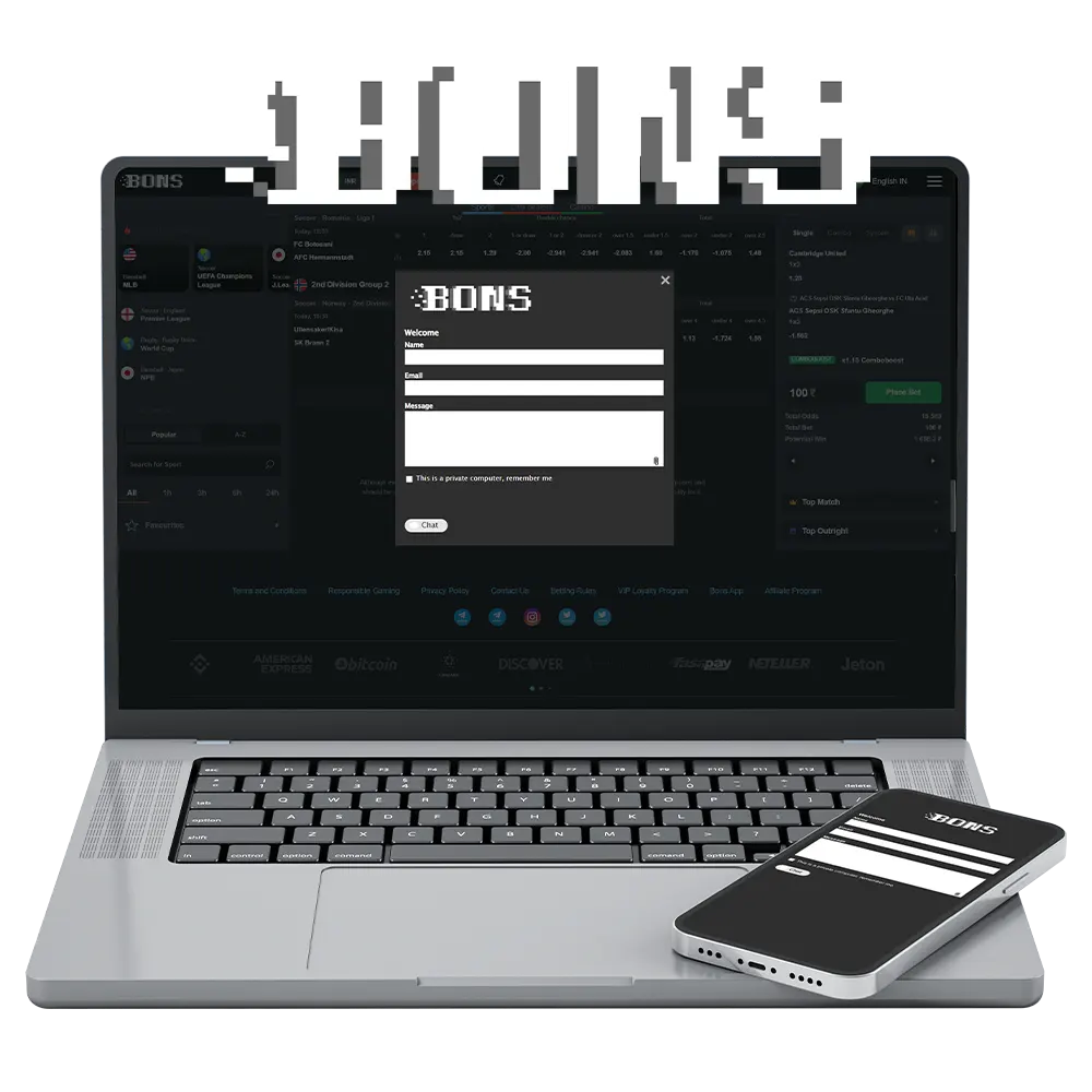 Official contacts of Bons betting company in India.