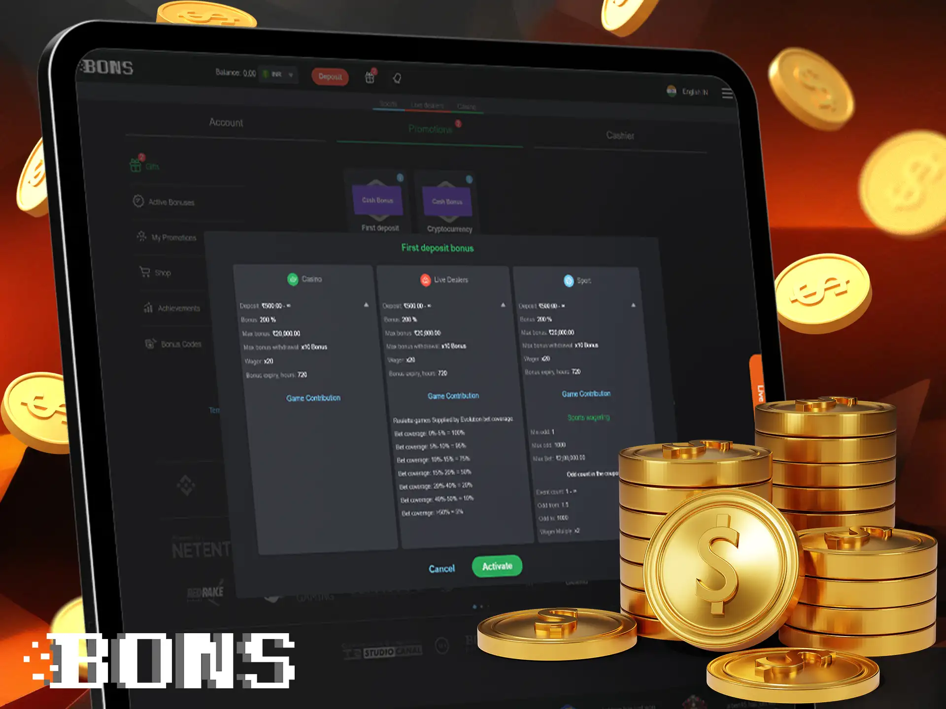 Get a 200% welcome bonus of up to INR 20,000 when you sign up at BONS.